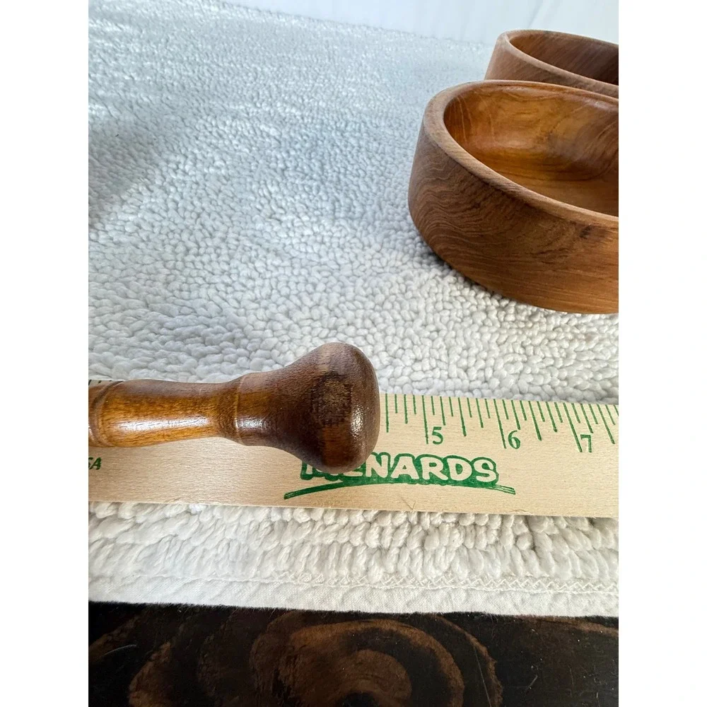 Vintage Wooden Mortar Pestle‎ Set 3 Bowls Kitchen Spice Grinder Herbs